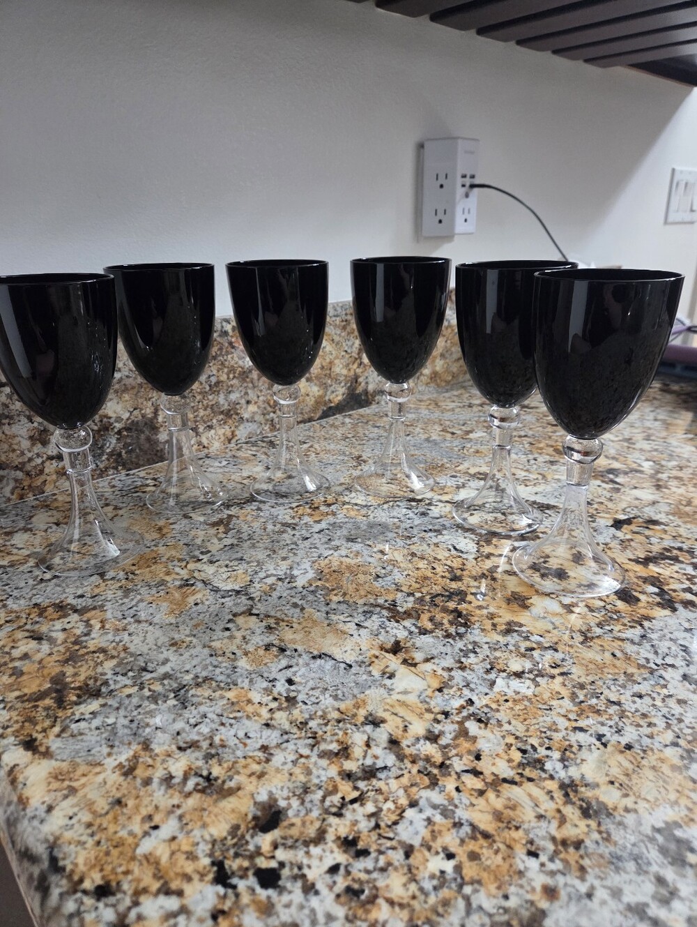 Vintage Black Stemmed Wine Glasses Set of 6 Mid Centry Gothic
